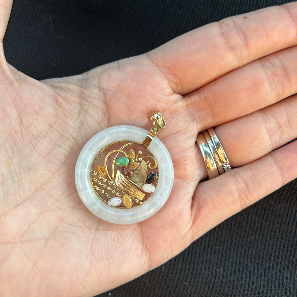 Jade and 14k gold boat pendant